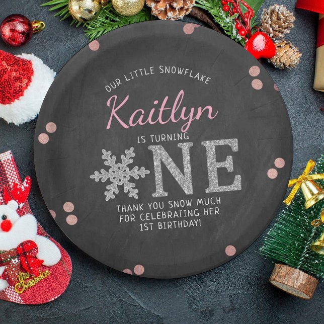 Assiettes En Carton Snowflake Winter Chalkboard 1er anniversaire (Créateur téléchargé)