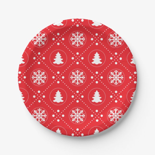Assiettes En Carton Snowflakes blancs Arbres de Noël Design rouge (Devant)