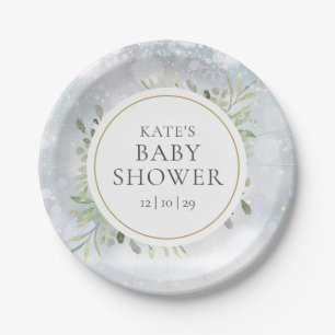 Assiettes En Carton Snowflakes d'hiver Baby shower verdoyant