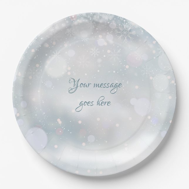 Assiettes En Carton Snowflakes hiver Élégant Script Votre message (Devant)