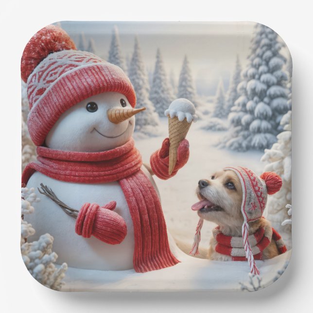 Assiettes En Carton Snowman avec Ice Cream Cône et Chien (Recto)