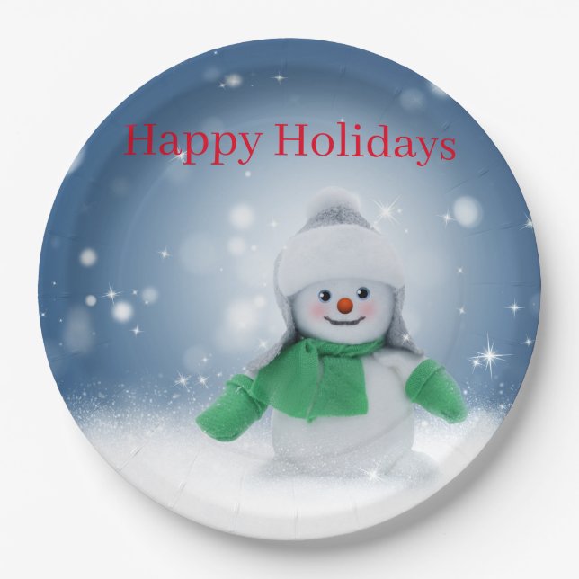 Assiettes En Carton Snowman avec une écharpe verte (Devant)