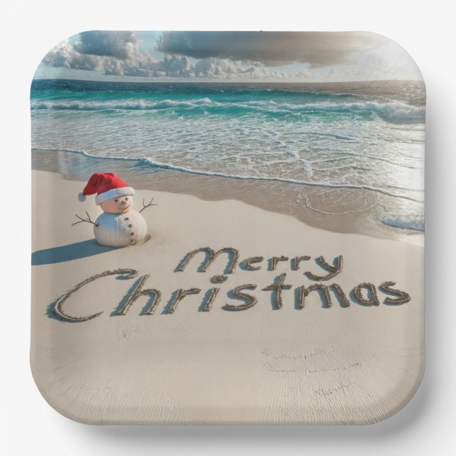 Assiettes En Carton Snowman de Noël tropical sur une plage (Recto)