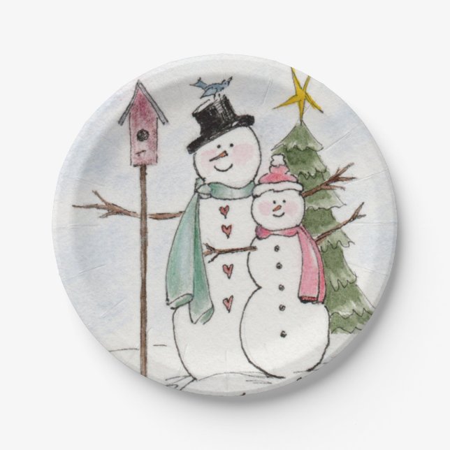 Assiettes En Carton SnowMan et SnowLady ensemble dans la magie (Devant)