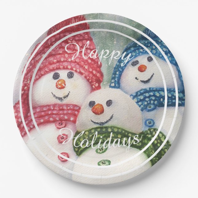 Assiettes En Carton Snowman Famille Joyeux Fête de Vacances (Devant)