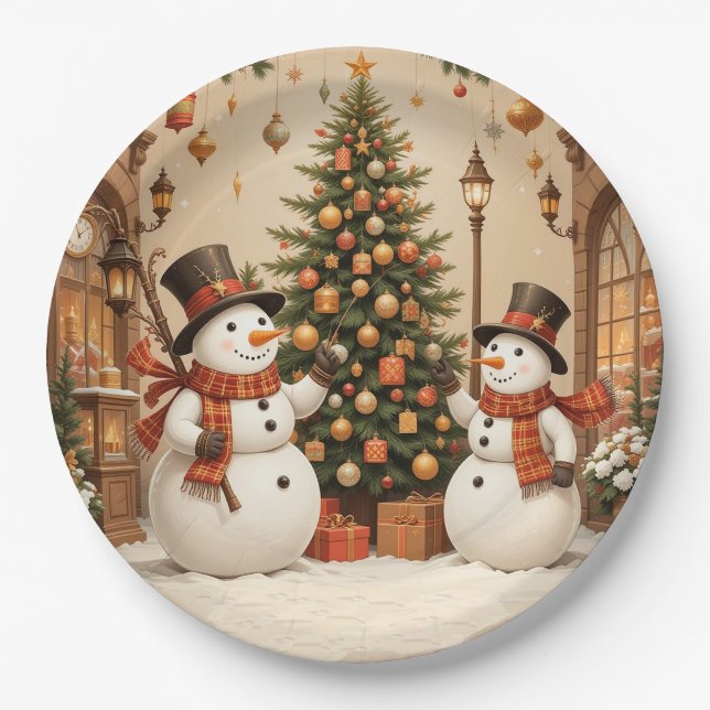 Assiettes En Carton Snowmans et sapin de Noël rétro (Devant)