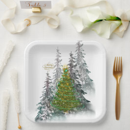 Assiettes En Carton Snowy Forest Christmas Tree paper plates