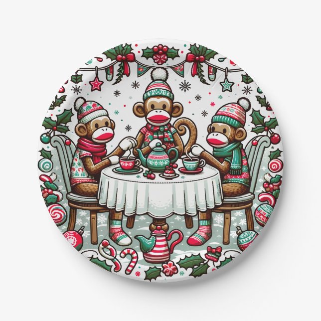 Assiettes En Carton Sock Monkey Christmas Tea Party (Devant)