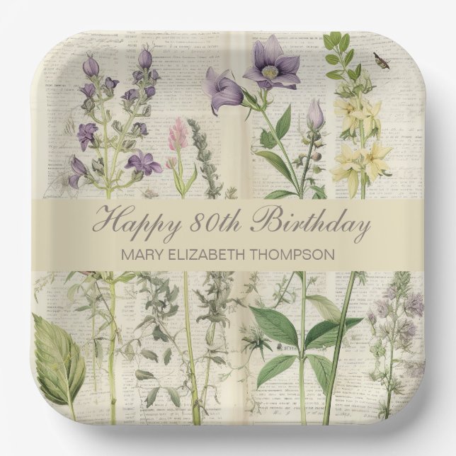 Assiettes En Carton Soft Botanical Vintaqe Fleur sauvage 80e anniversa (Recto)