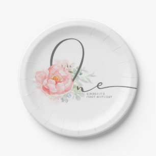 Assiettes En Carton Soft Pastel Flower Élégant Script 1er Anniversaire