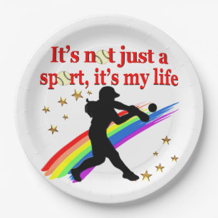 ASSIETTES EN CARTON SOFTBALL DE FILLES ROUGE RAINBOW INSPIRATIONNEL DE