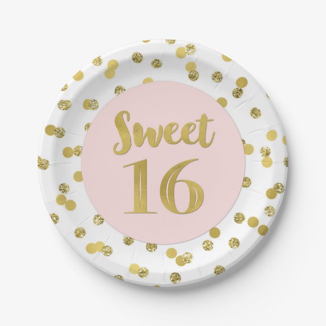 Assiettes En Carton Soirée Confetti Gold rose 16 Anniversaire (Devant)