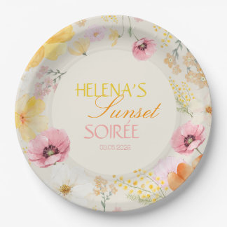 Assiettes En Carton Soirée Coucher de Soleil Floral Pastel Rose, Orang