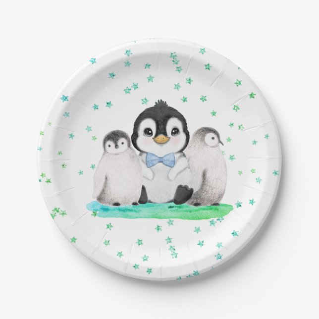 Assiettes En Carton Soirée d'anniversaire de Cute Penguin (Devant)
