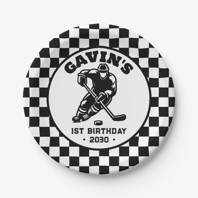 Assiettes En Carton Soirée d'anniversaire de hockey sur glace Retro (Devant)
