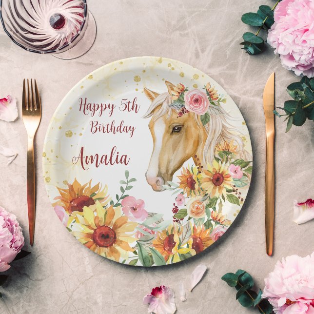 Assiettes En Carton Soirée d'anniversaire de tournesol de cheval perso (Créateur téléchargé)