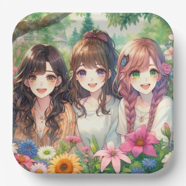 Assiettes En Carton Soirée d'Anniversaire des filles d'Anime mignonne (Recto)