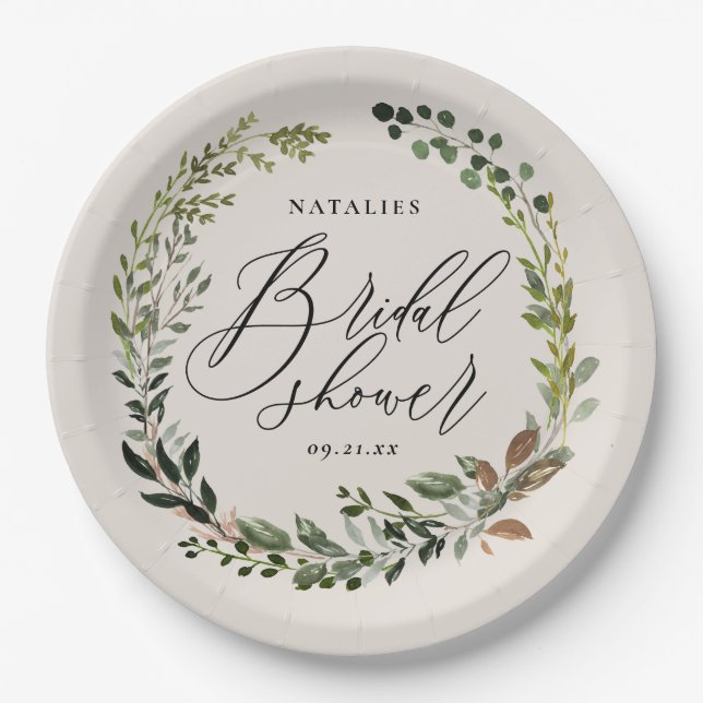 Assiettes En Carton Soirée de douche nuptiale de feuillage rustique (Devant)