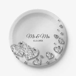 Assiettes En Carton Soirée de mariage Coeurs d'argent Grey Élégant