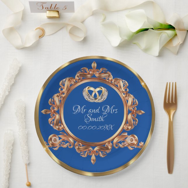 Assiettes En Carton Soirée de mariage personnalisée en or et bleu (Mariage)