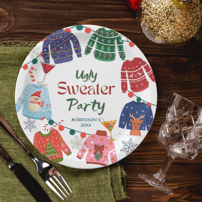 Assiettes En Carton Soirée de Noël moche (Ugly sweater Christmas party printed Paper Plates personalized Christmas table decor)