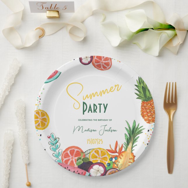 Assiettes En Carton Soirée d'été Jaune aux fruits tropicaux (Mariage)