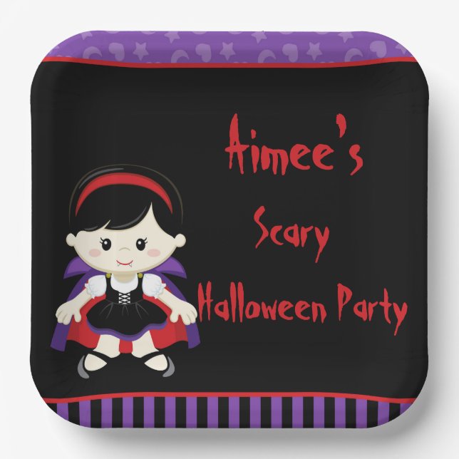 Assiettes En Carton Soirée d'Halloween de fille Vampire (Recto)