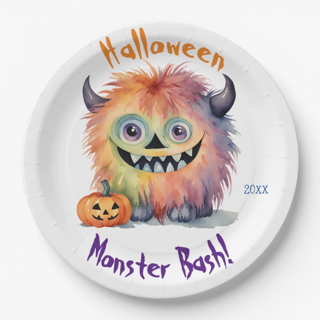 Assiettes En Carton Soirée d'Halloween du mignon Monster Bash (Devant)