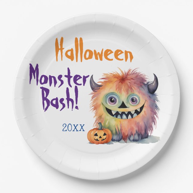 Assiettes En Carton Soirée d'Halloween du mignon Monster Bash (Devant)