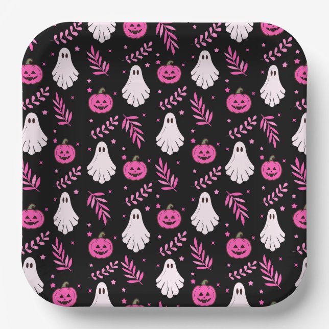 Assiettes En Carton Soirée d'Halloween rose (Recto)