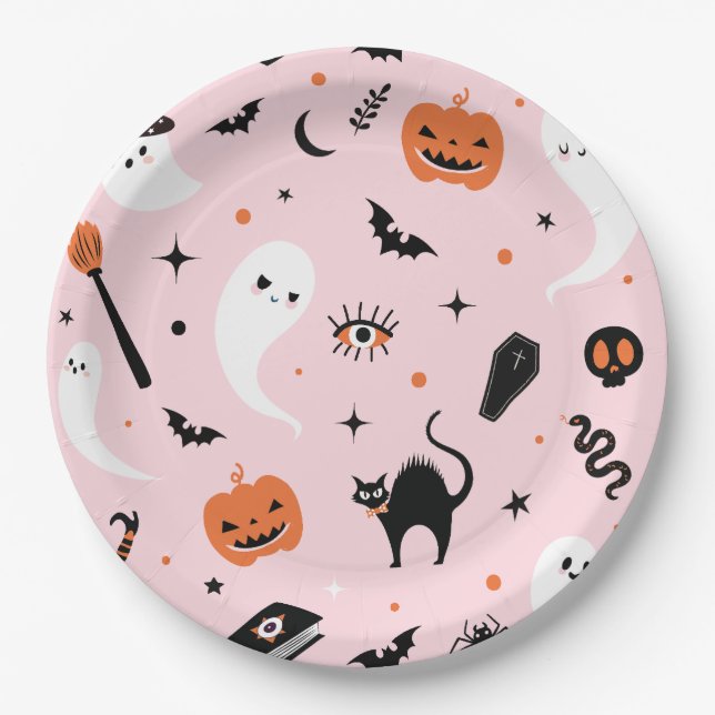 Assiettes En Carton Soirée d'Halloween rose (Devant)