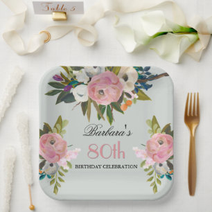 Assiettes En Carton Soirée élégante peinte à la main florale 80e anniv