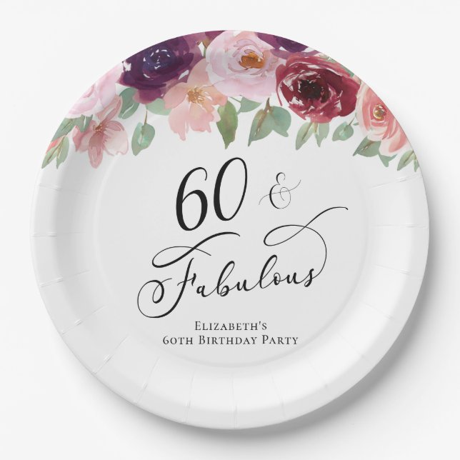 Assiettes En Carton Soirée florale élégante 60e anniversaire (Devant)