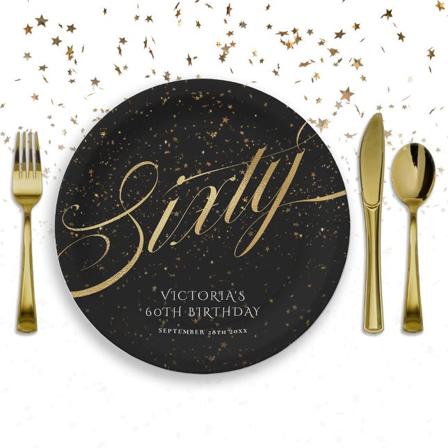 Assiettes En Carton Soixante 60e anniversaire Gold Noir Confetti Éléga (Créateur téléchargé)