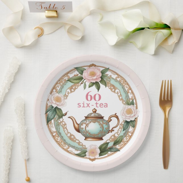 Assiettes En Carton Soixante Élégantes Fleurs Jolies Théière 60e Anniv (Mariage)