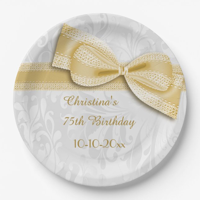 Assiettes En Carton soixante-quinzième Damassé d'or d'anniversaire et (Devant)