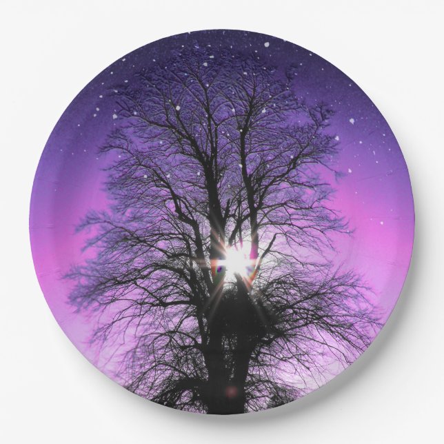 Assiettes En Carton Soleil et étoiles Arbre Ciel pourpre par Linandara (Devant)