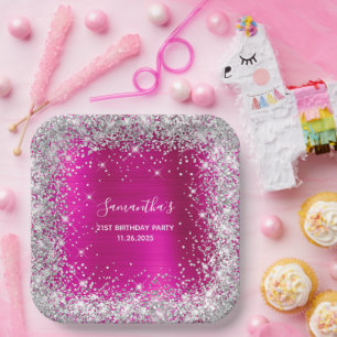 Assiettes En Carton Son 21e anniversaire Hot Pink and Silver Parties s