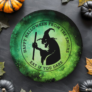 Assiettes En Carton Sorcière et texte personnalisé vert noir Halloween