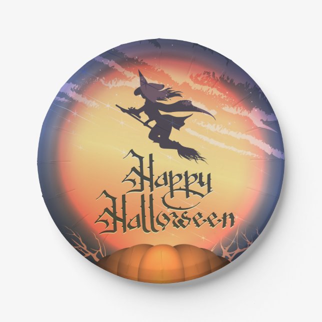 Assiettes En Carton Sorcière volante d'Halloween (Devant)