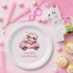 Assiettes En Carton Sourire rose Sloth conduisant un Anniversaire conv