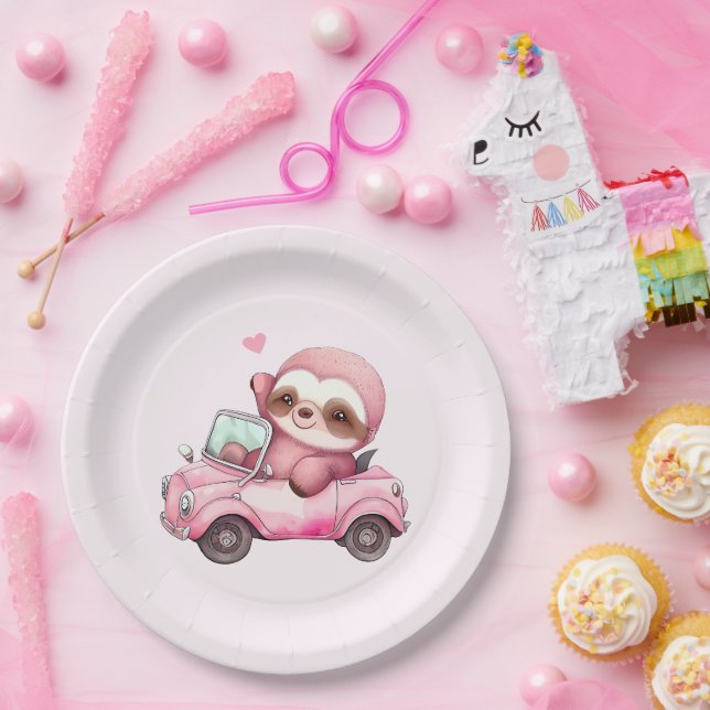 Assiettes En Carton Sourire rose Sloth conduisant une convertible (Fête)