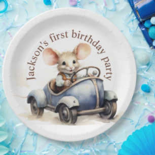 Assiettes En Carton Souris d'aquarelle mignonne en voiture bleue Premi