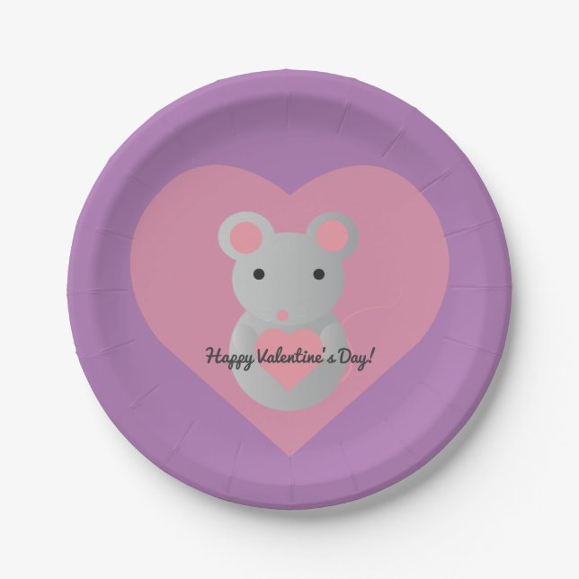 Assiettes En Carton Souris mignonne tenant un coeur. (Devant)