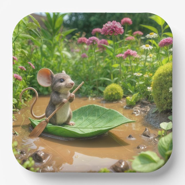 Assiettes En Carton Souris ramer un bateau à feuilles vertes (Recto)