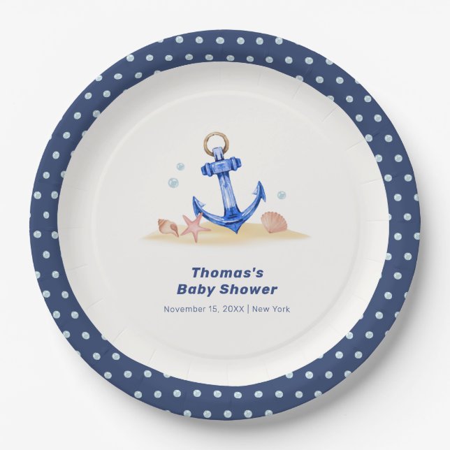 Assiettes En Carton Sous la mer Ancre nautique Baby shower garçon (Devant)