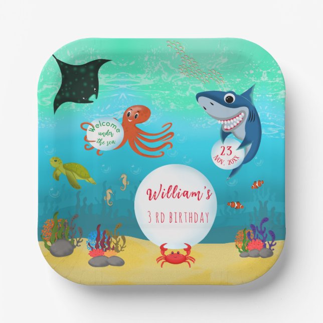Assiettes En Carton Sous la mer Animaux La bulle d'eau fête d'annivers (Recto)