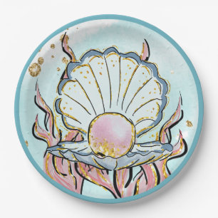 Assiettes En Carton Sous la mer Coquille Sirène fête d'anniversaire