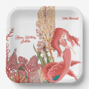 Assiettes En Carton Sous la mer Rouge Sirène Corail Salutation d'anniv