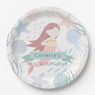 Assiettes En Carton Sous la mer Sirène blanc Anniversaire